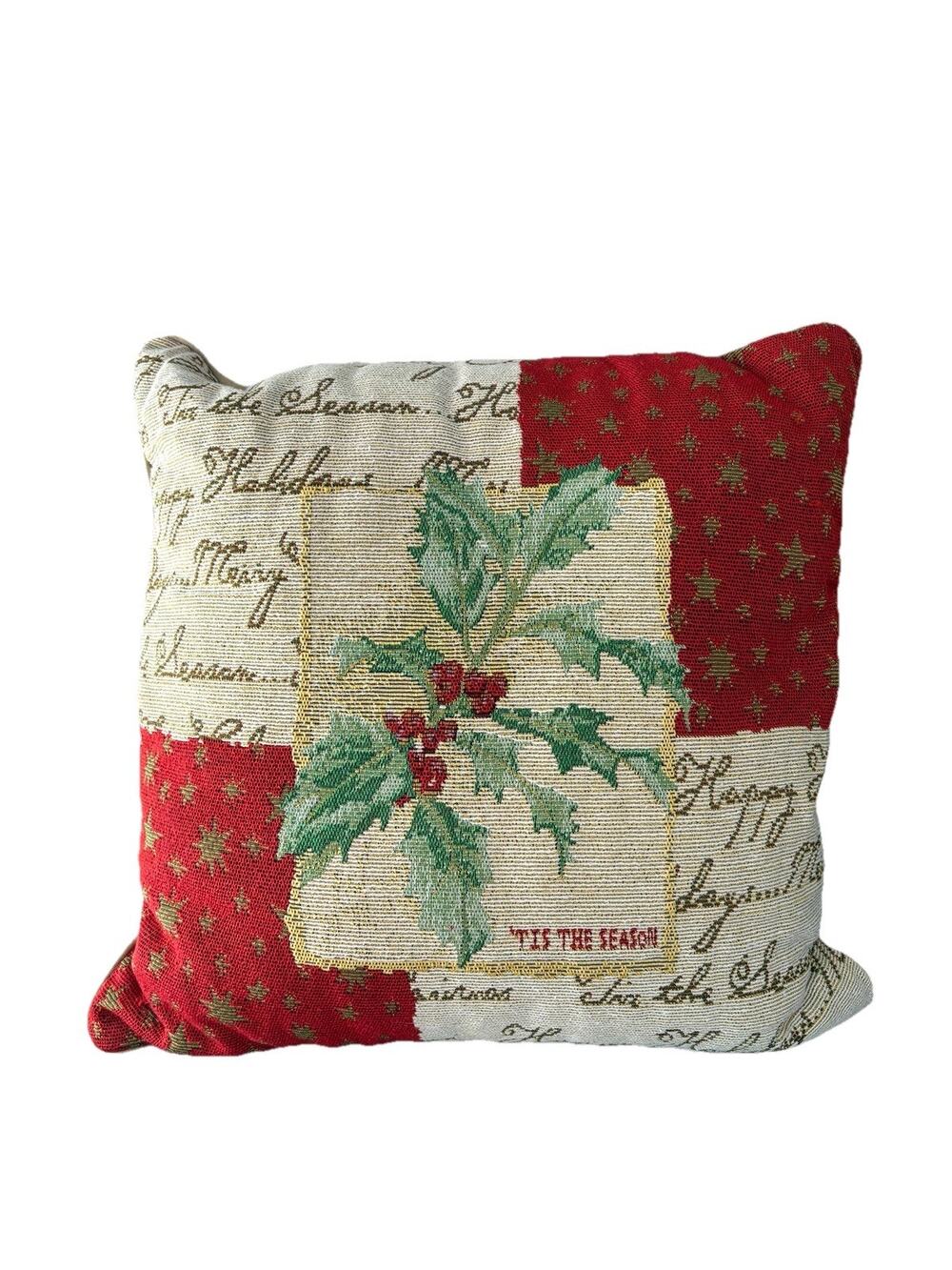 Vintage Christmas Tapestry Pillow Holly Berry Patchwork 16x16 Holiday Decor